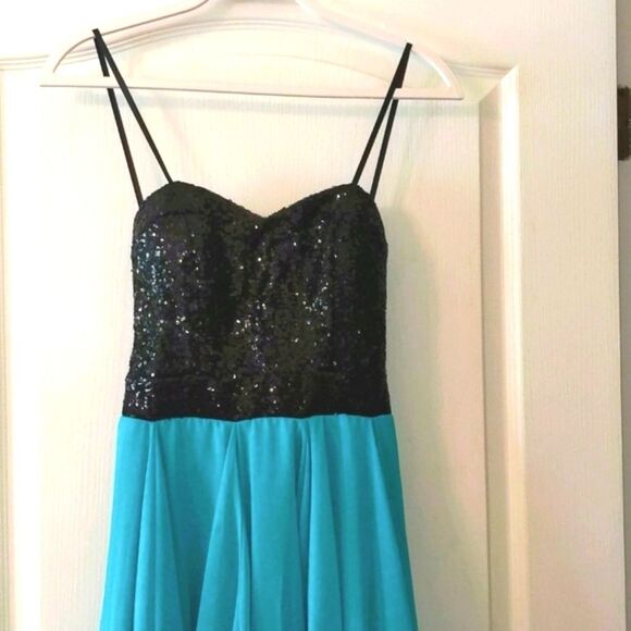 B DARLIN Formal Dress Pageant Sea green Black Sequins Strapless Size 3/4 - Picture 2 of 7